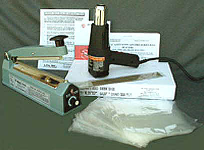 Starter Kit includes heat gun, sealer, and 500 shrink bags